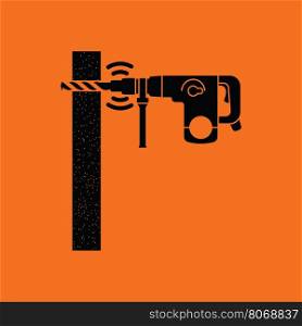 Icon of perforator drilling wall. Orange background with black. Vector illustration.