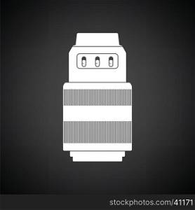 Icon of photo camera zoom lens. Black background with white. Vector illustration.