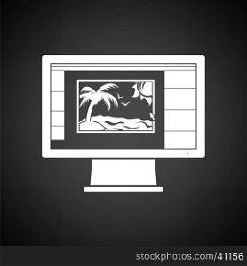 Icon of photo editor on monitor screen. Black background with white. Vector illustration.