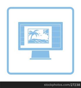 Icon of photo editor on monitor screen. Blue frame design. Vector illustration.