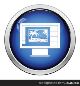 Icon of photo editor on monitor screen. Glossy button design. Vector illustration.