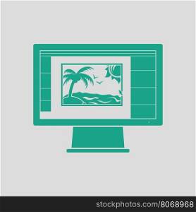 Icon of photo editor on monitor screen. Gray background with green. Vector illustration.