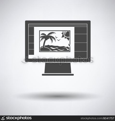 Icon of photo editor on monitor screen on gray background, round shadow. Vector illustration.