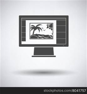 Icon of photo editor on monitor screen on gray background, round shadow. Vector illustration.