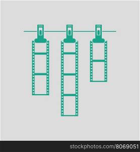 Icon of photo film drying on rope with clothespin. Gray background with green. Vector illustration.