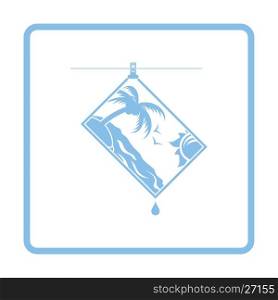 Icon of photograph drying on rope. Blue frame design. Vector illustration.