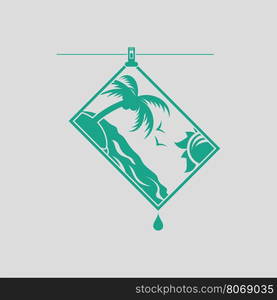 Icon of photograph drying on rope. Gray background with green. Vector illustration.