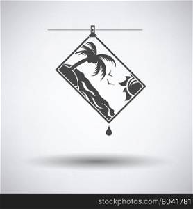 Icon of photograph drying on rope on gray background, round shadow. Vector illustration.
