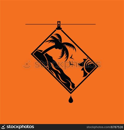 Icon of photograph drying on rope. Orange background with black. Vector illustration.