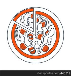 Icon Of Pizza On Plate. Thin Line With Red Fill Design. Vector Illustration.