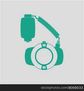 Icon of portable circle macro flash. Gray background with green. Vector illustration.