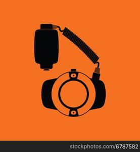 Icon of portable circle macro flash. Orange background with black. Vector illustration.