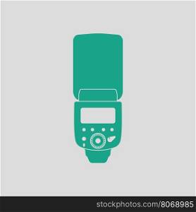 Icon of portable photo flash. Gray background with green. Vector illustration.