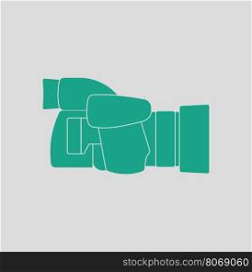 Icon of premium photo camera. Gray background with green. Vector illustration.