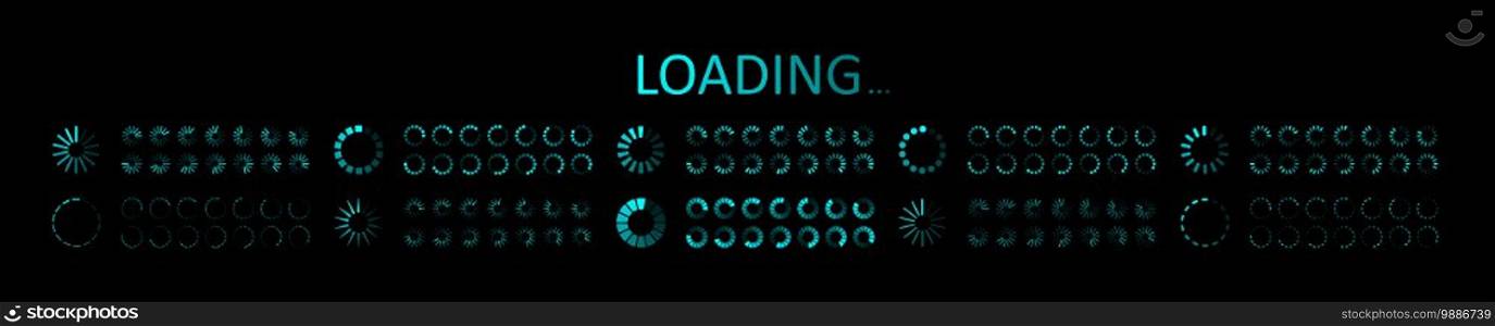 Icon of progress load on computer. Futuristic digital ui for loader. Circle of load bar for web. Round blue elements of status download. Set of neon symbols interface on black background. Vector.. Icon of progress load on computer. Futuristic digital ui for loader. Circle of load bar for web. Round blue elements of status download. Set of neon symbols interface on black background. Vector