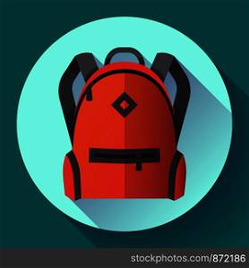 Icon of red school school or travel backpack. Backpack with pockets for schoolchildren, students. Isolated on white background. Vector illustration.. Icon of bright red school or travel backpack