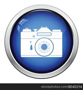 Icon of retro film photo camera. Glossy button design. Vector illustration.