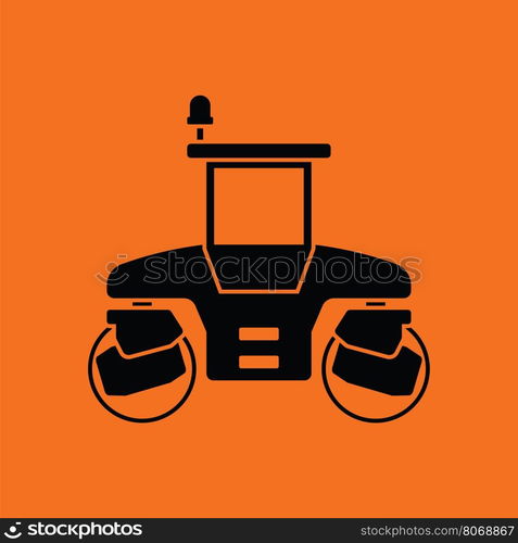 Icon of road roller. Orange background with black. Vector illustration.