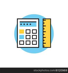 Icon of ruler with calculator logo. Isolated calculator and ruler on white background. Modern vector illustration for web and mobile app. Thin, line, stroke, outline calculator and ruler icon