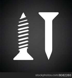 Icon of screw and nail. Black background with white. Vector illustration.