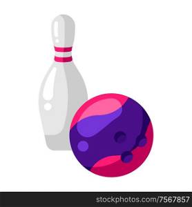 Icon of skittle and bowling ball in flat style. Stylized sport equipment illustration.. Icon of skittle and bowling ball in flat style.