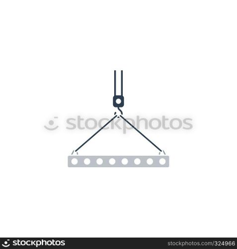 Icon of slab hanged on crane hook by rope slings . Flat design. Vector illustration.
