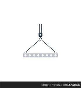 Icon of slab hanged on crane hook by rope slings . Flat design. Vector illustration.