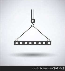 Icon of slab hanged on crane hook by rope slings on gray background with round shadow. Vector illustration.