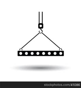 Icon of slab hanged on crane hook by rope slings . White background with shadow design. Vector illustration.