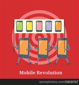 Icon of smartphones demonstration with placards and slogans concept. Mobile revolution. Concept in flat design style. Can be used for web banners, marketing and promotional materials, presentation templates