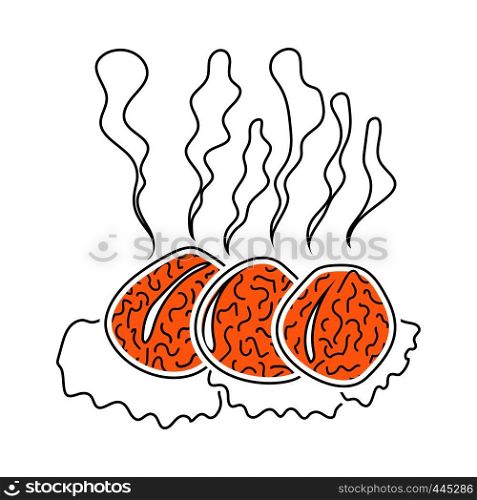 Icon Of Smoking Cutlet On Plate. Thin Line With Red Fill Design. Vector Illustration.