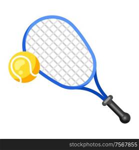 Icon of tennis racket and ball in flat style. Stylized sport equipment illustration.. Icon of tennis racket and ball in flat style.