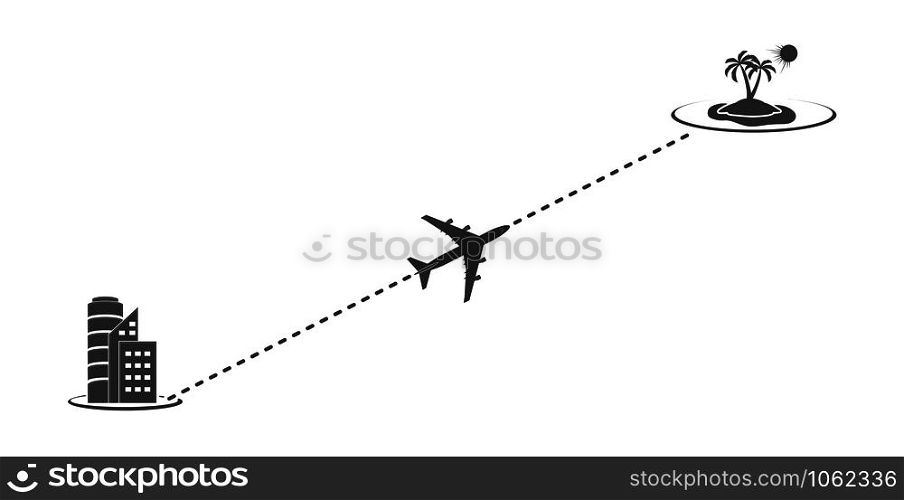 Icon of the way of the plane from the city to the sea on vacation. The route of the aircraft. Flat simple design.