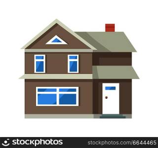 Icon of three storey house of grey color with white front door and big window on ground floor isolated vector illustration on white background. Icon of Three Storey House of Grey Color with Door