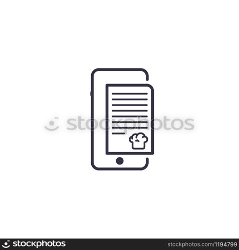 Icon of vector smartphone with recipe book and chef hat. Outline cooking concept illustration