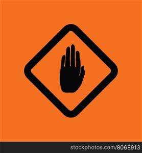 Icon of Warning hand. Orange background with black. Vector illustration.
