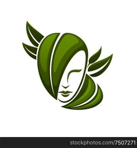 Icon of woman head with green leaves isolated on white, for natural organic cosmetics or ecology design. Woman head with green leaves