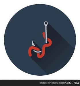 Icon of worm on hook. Flat design. Vector illustration.