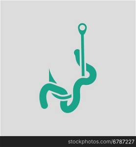 Icon of worm on hook. Gray background with green. Vector illustration.