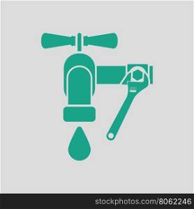 Icon of wrench and faucet. Gray background with green. Vector illustration.
