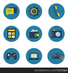 Icon Pack, Char Massage Icon, Gear or Setting Icon, Phone Icon, Calculator Icon, Wallet Icon With Money, Camera icon, Joystick Game Icon, Laptop Icon, Graduation Hat Icon. Icon Pack Isolated On white Background. EPS10