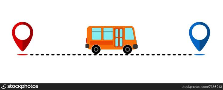 icon path of the bus from one point to another. Bus route. Flat simple design.