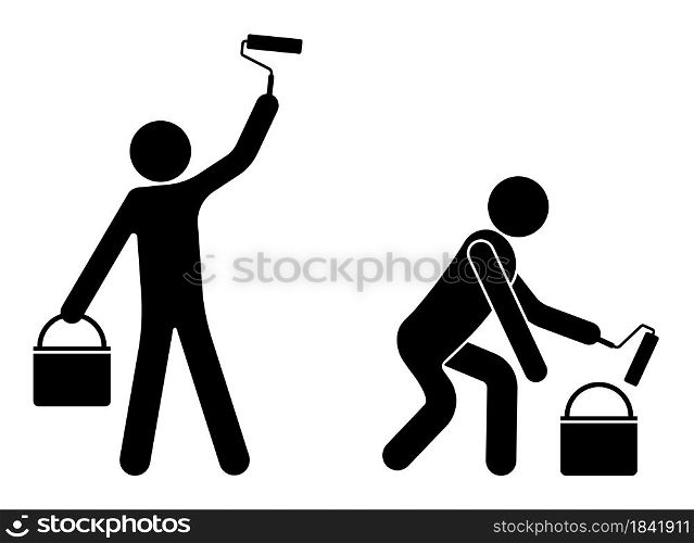 Icon, people paint a wall with a roller, repair of building facades. The work of builders. Isolated vector on white background