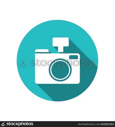 Icon photo camera white cuted on blue round backdrop with long shadow, Metro style - vector