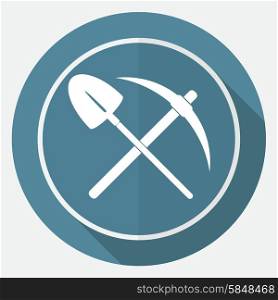 Icon pick and shovel on white circle with a long shadow