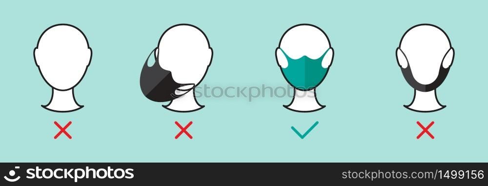 Icon pictogram of How to Use face mask properly. Coronavirus Covid-19 advice. Vector illustration