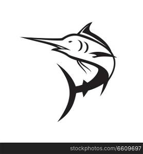 Icon retro style illustration of a blue marlin jumping to the right done in black and white on isolated background.. Blue Marlin Icon