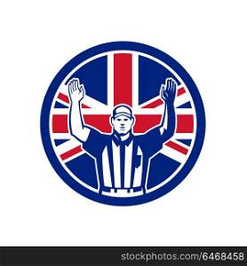 Icon retro style illustration of a British American football referee,head linesman, down judge or line judge calling touchdown with United Kingdom UK, Great Britain Union Jack flag set inside circle.. British American Football Referee Union Jack Flag Icon