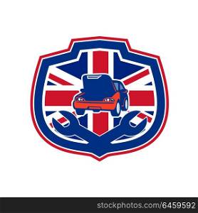 Icon retro style illustration of a British auto automobile car repair shop with crossed spanner wrench and United Kingdom UK, Great Britain Union Jack flag set inside crest on isolated background.. British Auto Repair Shop Union Jack Flag Crest