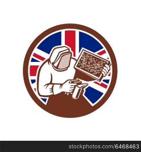 Icon retro style illustration of a British beekeeper, honey farmer, apiarist, or apiculturist, holding a smoker and beehive with United Kingdom UK, Great Britain Union Jack flag set inside circle.. British Beekeeper Union Jack Flag Icon